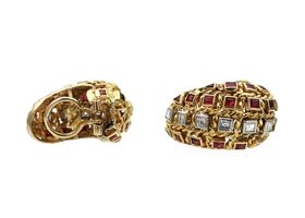 1980s 18kt yellow gold diamond and ruby hatchwork earrings