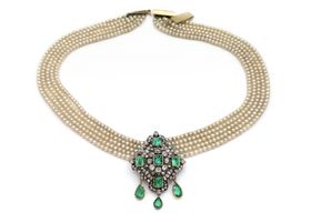 Victorian emerald and diamond convertible brooch and pearl necklace