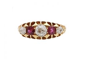 Victorian diamond and ruby five stone ring in 18kt gold