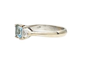 Aquamarine and trillion diamond three stone ring in white gold