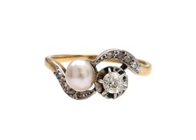 Belle Epoque pearl and diamond two stone ring in platinum and gold