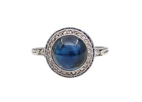 Art Deco cabochon sapphire and diamond target ring in platinum