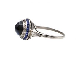 Art Deco cabochon sapphire and diamond target ring in platinum