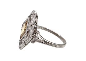 Art Deco platinum lozenge Imperial topaz and diamond cluster ring