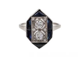 Art Deco hexagonal diamond and sapphire cluster ring in platinum