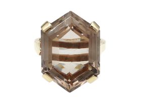 Retro hexagonal smokey quartz dress ring in 14kt yellow gold