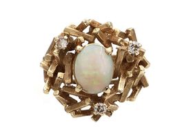 Retro opal and diamond Brutalist cluster ring in 14kt yellow gold