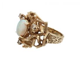 Retro opal and diamond Brutalist cluster ring in 14kt yellow gold