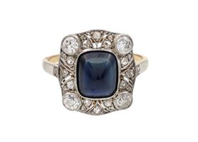Edwardian sugarloaf sapphire and diamond cluster ring