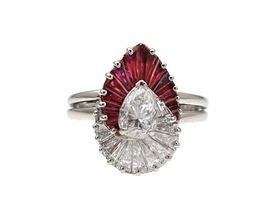 Oscar Heyman Bros. pear shape diamond and ruby whirl ring